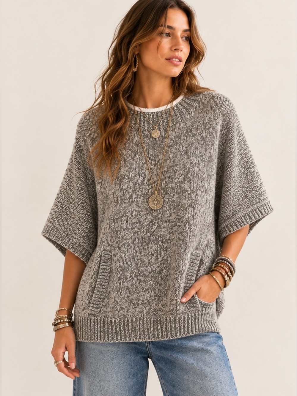 Lou & Grey Mock Turtleneck Shortsleeve Pullover Sweater Poncho Dolman oversized